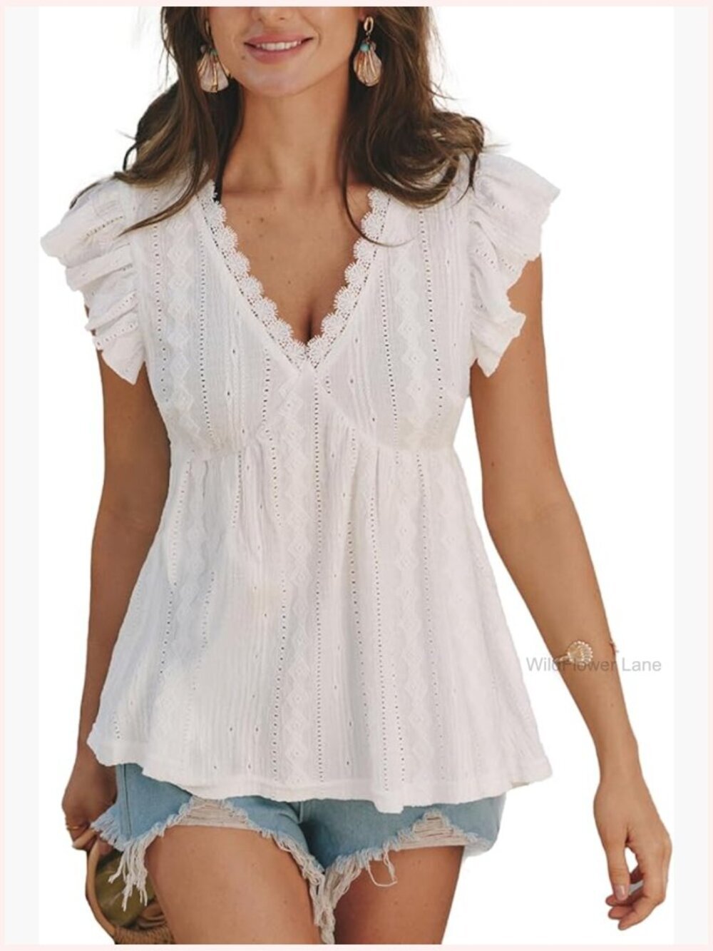 V Neck Ruffle Sleeve Tank Top Eyelet Lace Trim Flared Cute Summer Top